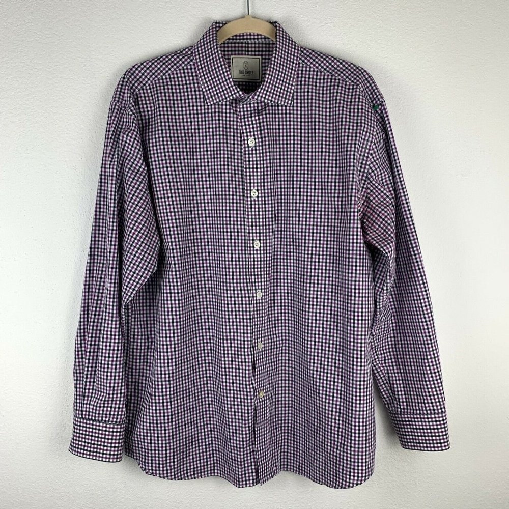 Todd Snyder 17 32/33 Purple Black Checked Plaid Poplin Button Down Dress Shirt